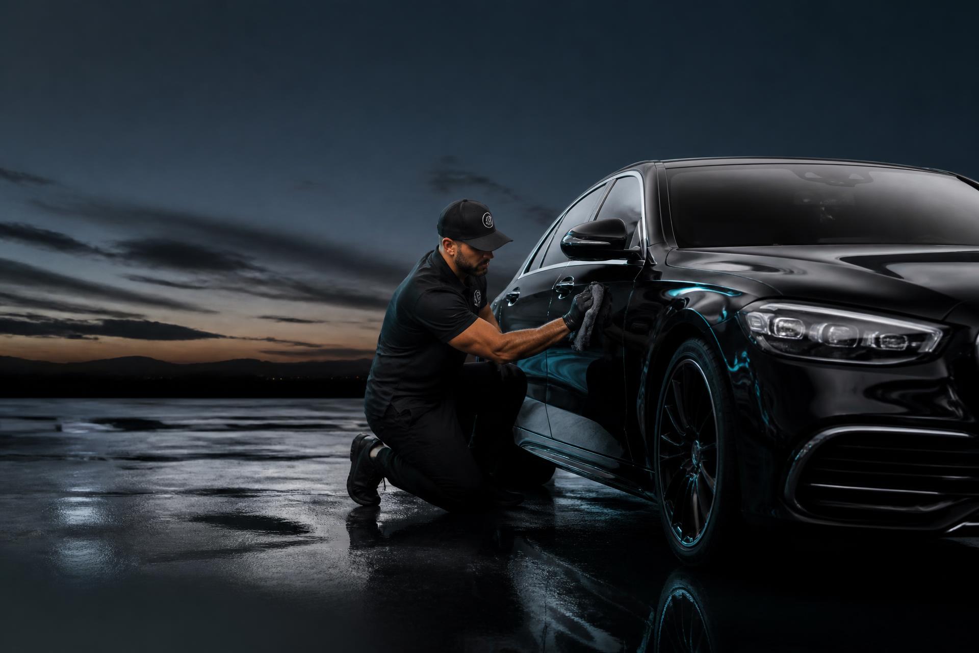 Professional detailer polishing a black luxury car at dusk